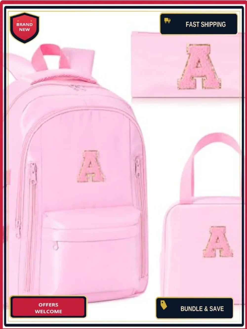 3-Piece Personalized Initial Backpack Set with Lunch Bag and Pencil Case,